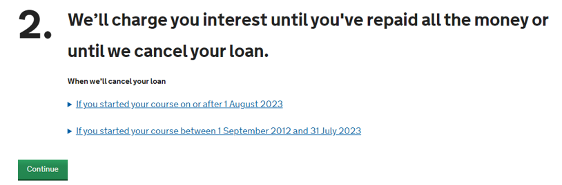 An image of the SFE ALL application page with number 2 and the message, 'You will be charged interest while you are studying. The current interest rate is 5.4% but this could change.' along with a green continue button.