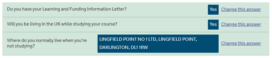 An image from the SFE ALL application page summarising the answers to the three previous questions, and links to change them along with a green button saying continue.