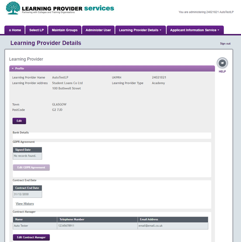 An image of the Learning Provider Profile page in the LP Portal.