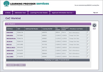 An image of the CoC worklist page in the lp portal, showing the list of student available for CoCs.