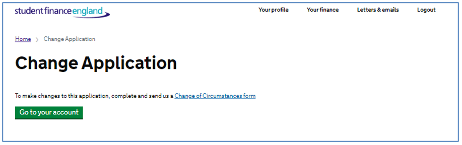 Change this application page showing only the link to the Change of Circumstances form.