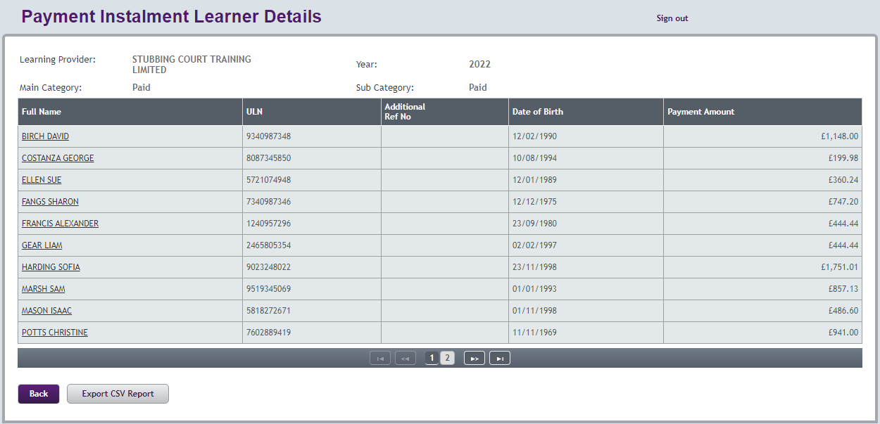 An image of the export csv report button in the payment instalment report learner details.