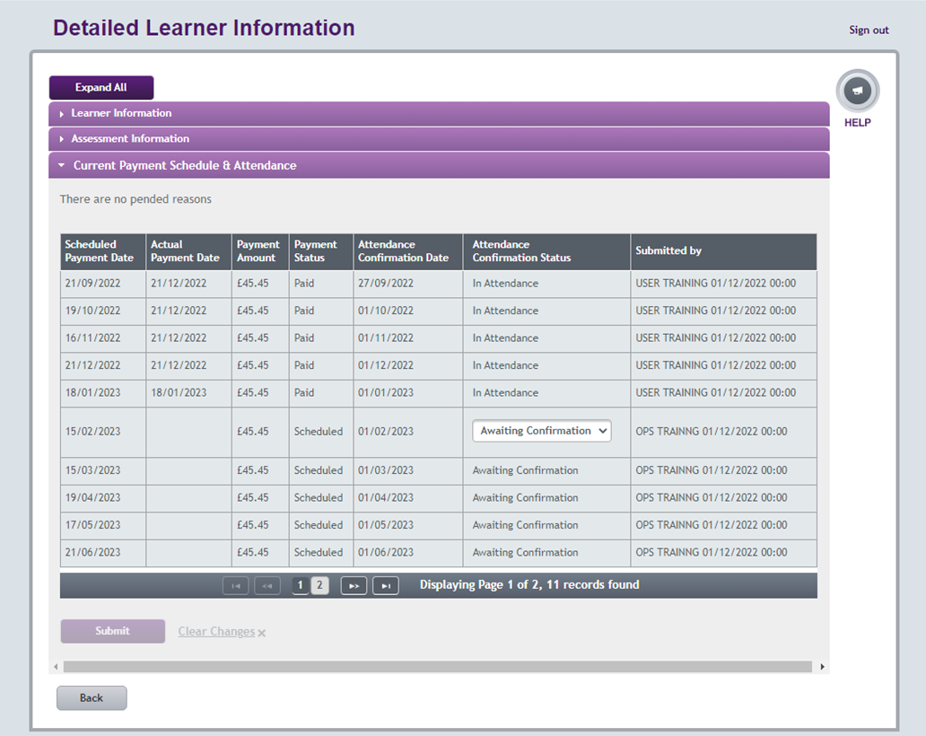 An image showing which tab to use to confirm attendance from the detailed learner information page.