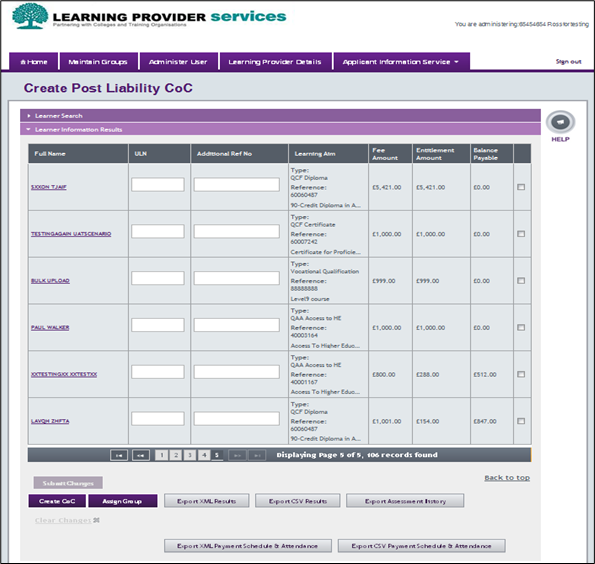 An image of the create post liability coc page, with the learner information results tab open.