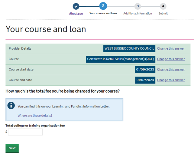 An image of the SFE ALL application page with a field for the learner to enter their course fee.