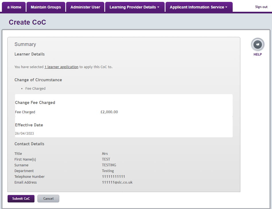 An image of the CoC options dropdown in the Create CoC page in the LP Portal.