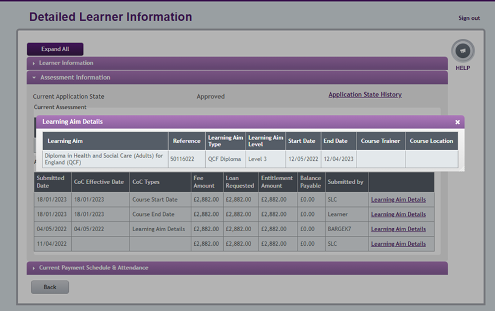 An image of the Learning Aima Details pop up open on the Deatiled Learner Information page in the LP Portal.