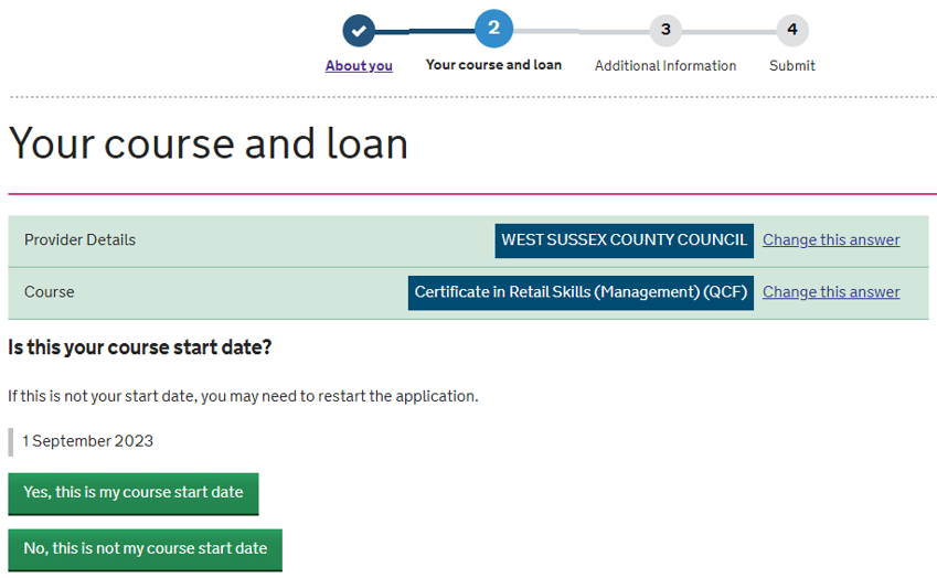 An image of the SFE ALL application page with fields for the learner to enter their course start date.