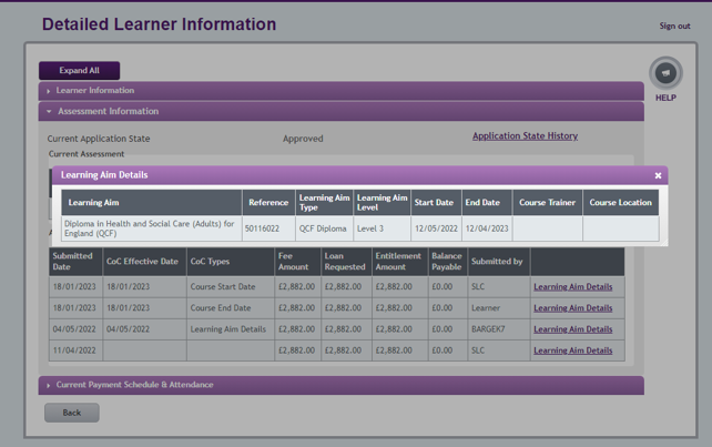 An image of the Learning Aim details popup open in the Detailed Learner Information page in the LP Portal.