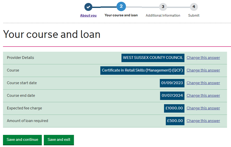 Your course and loan page listing provider and course details with links to change these answers.