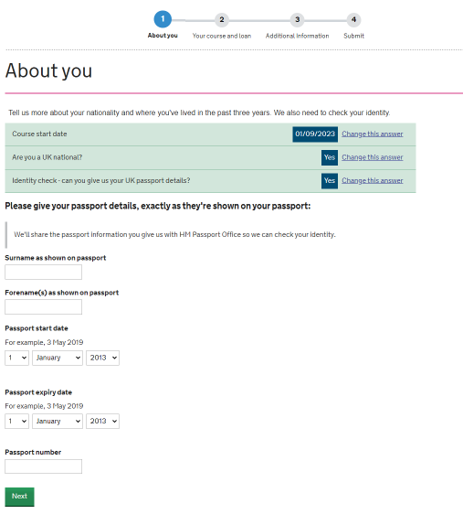 An image of the SFE ALL application page asking for passport details, such as surname, forename, expiry and start dates.