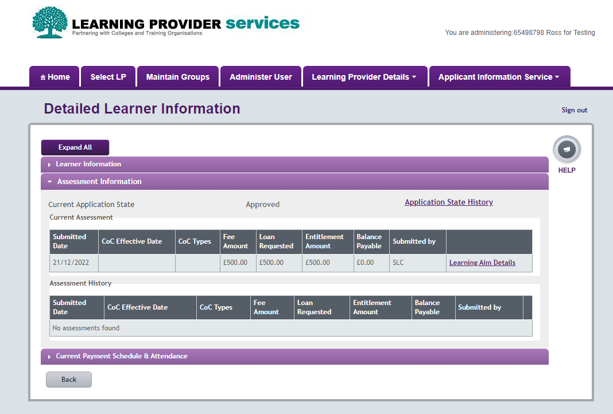 An image of the Detailed Learner Information page in the LP Portal, with the Assessment Information tab open.