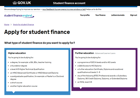 apply for student finance homepage